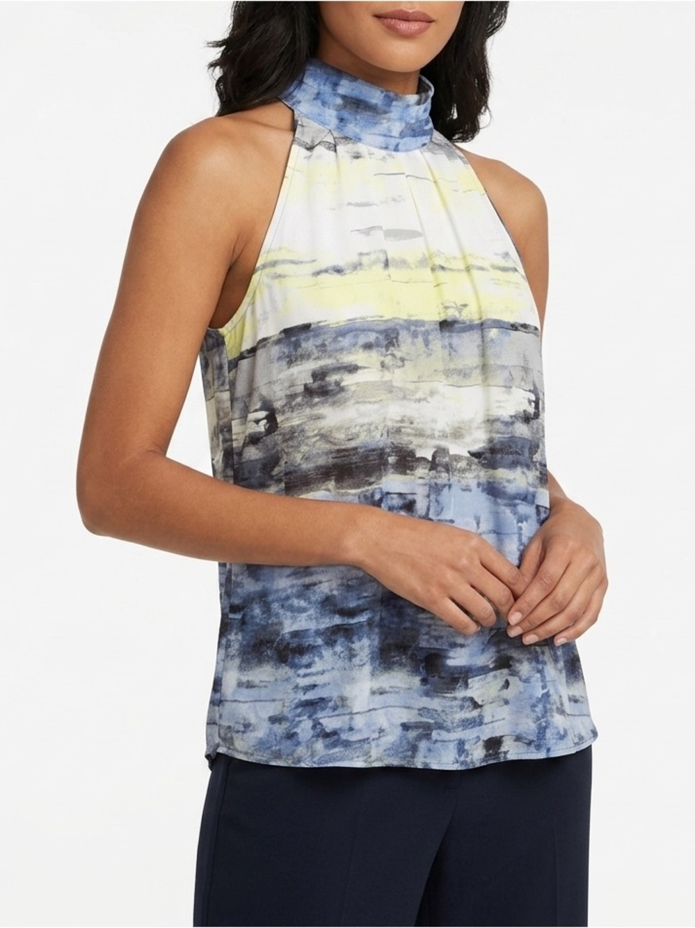 Calvin Klein Womens Halter Neck Sleeveless Blouse Abstract Print Blue Yellow XL